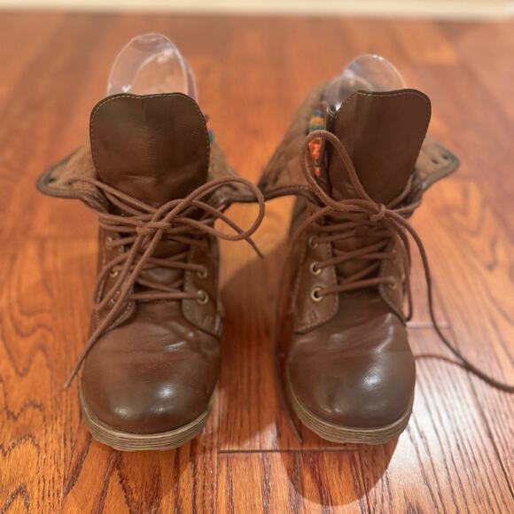 Rock And Candy Ankle Booties Womens 6.5 Spray Paint Boot Brown Faux Leather Lace - Picture 2 of 12